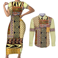 Yellow Aotearoa Kowhaiwhai Pattern Couples Matching Short Sleeve Bodycon Dress and Long Sleeve Button Shirt NZ Maori Quilt Style LT14 Yellow - Polynesian Pride