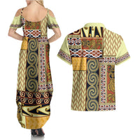 Yellow Aotearoa Kowhaiwhai Pattern Couples Matching Summer Maxi Dress and Hawaiian Shirt NZ Maori Quilt Style LT14 - Polynesian Pride