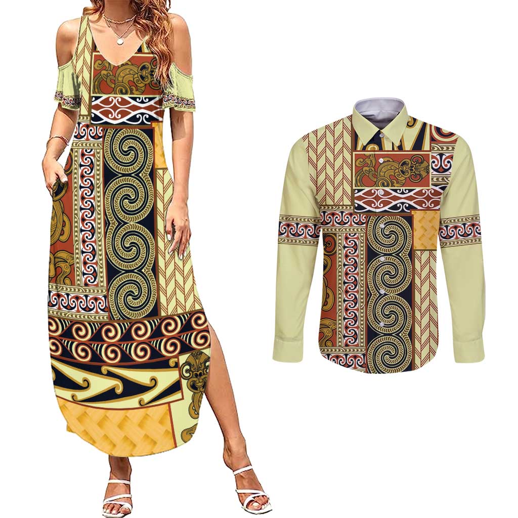 Yellow Aotearoa Kowhaiwhai Pattern Couples Matching Summer Maxi Dress and Long Sleeve Button Shirt NZ Maori Quilt Style