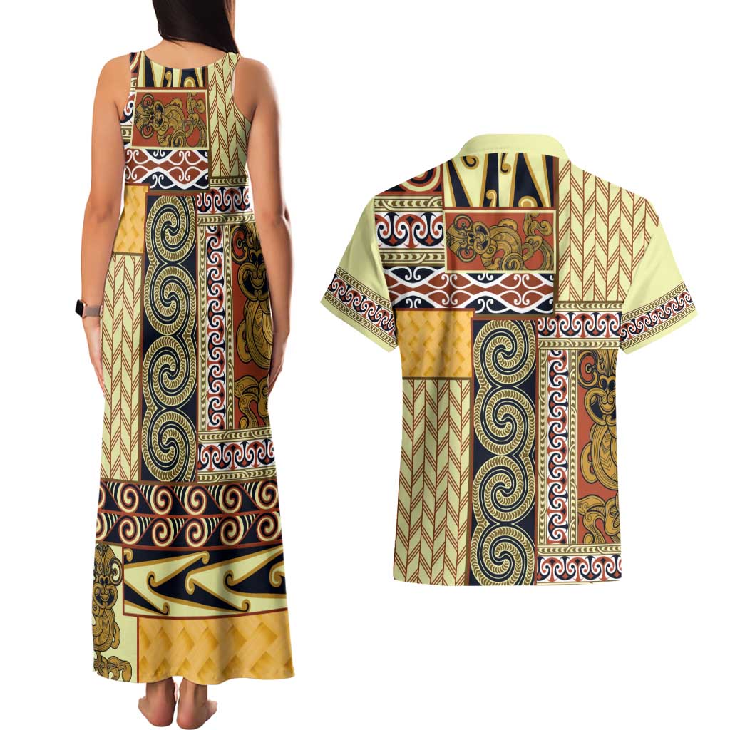 Yellow Aotearoa Kowhaiwhai Pattern Couples Matching Tank Maxi Dress and Hawaiian Shirt NZ Maori Quilt Style LT14 - Polynesian Pride