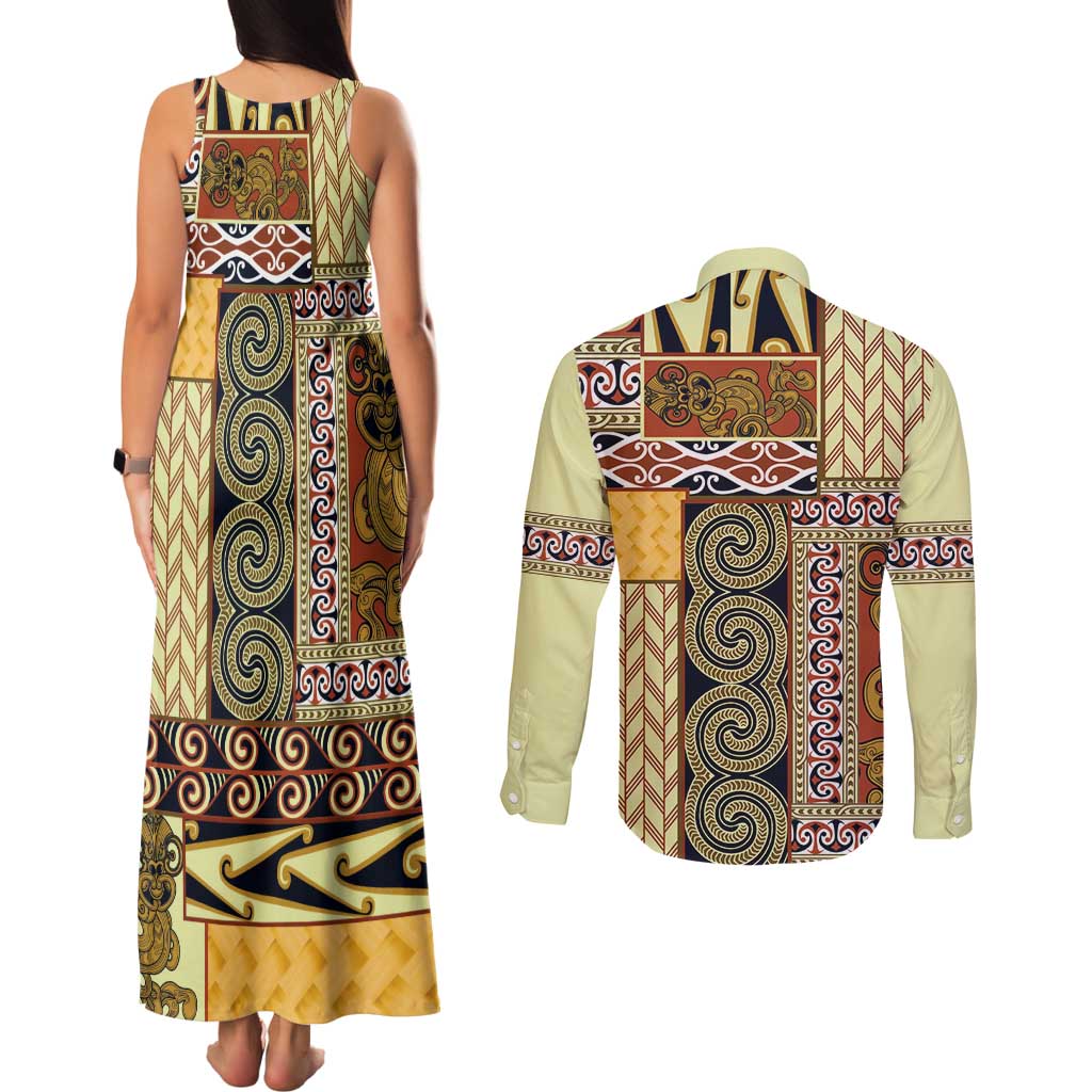 Yellow Aotearoa Kowhaiwhai Pattern Couples Matching Tank Maxi Dress and Long Sleeve Button Shirt NZ Maori Quilt Style LT14 - Polynesian Pride