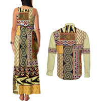 Yellow Aotearoa Kowhaiwhai Pattern Couples Matching Tank Maxi Dress and Long Sleeve Button Shirt NZ Maori Quilt Style LT14 - Polynesian Pride