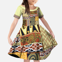 Yellow Aotearoa Kowhaiwhai Pattern Family Matching Long Sleeve Bodycon Dress and Hawaiian Shirt NZ Maori Quilt Style LT14 Daughter's Dress Yellow - Polynesian Pride