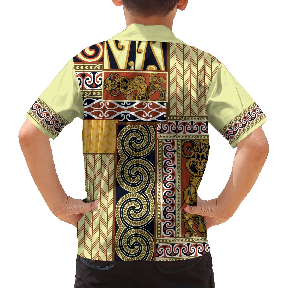 Yellow Aotearoa Kowhaiwhai Pattern Family Matching Off The Shoulder Long Sleeve Dress and Hawaiian Shirt NZ Maori Quilt Style