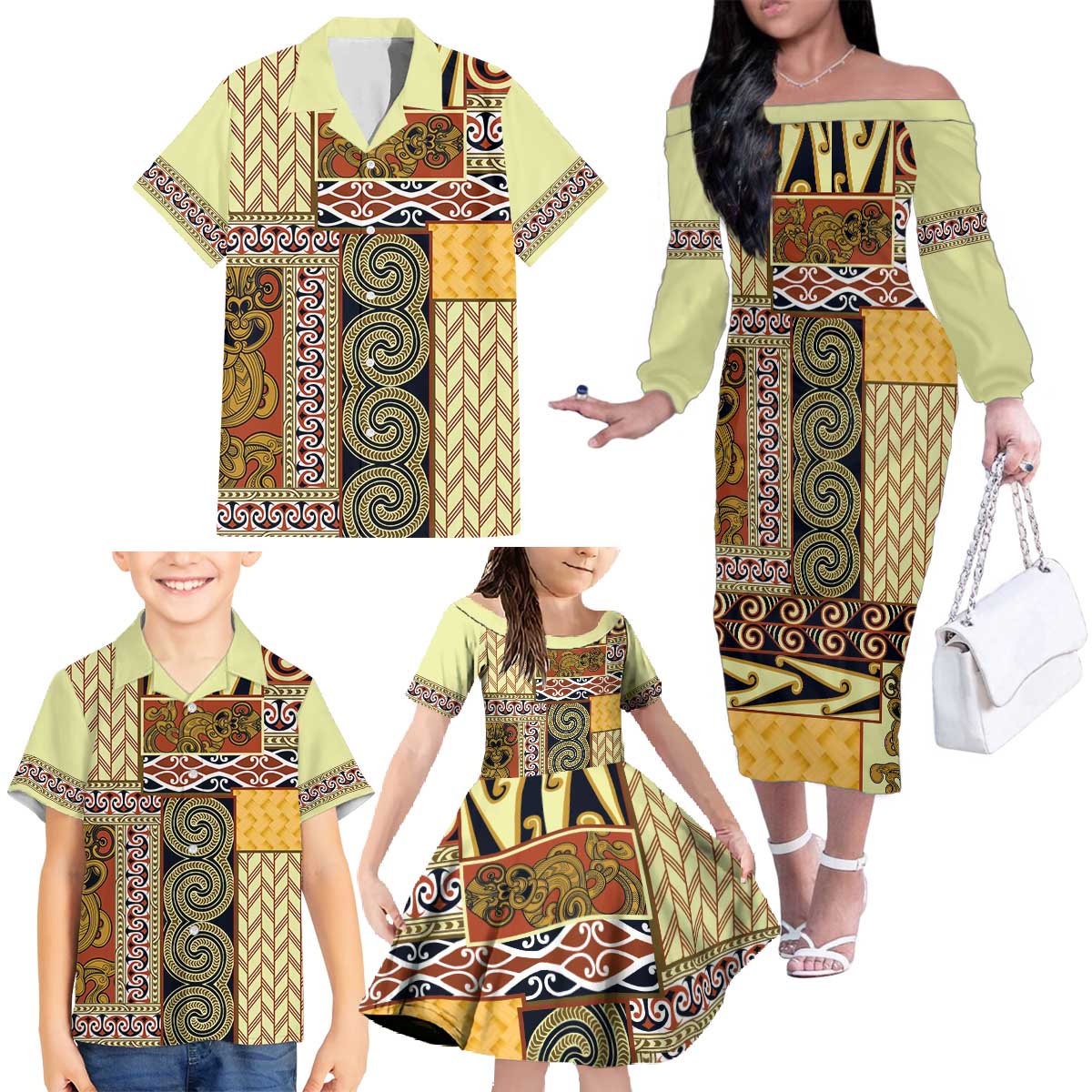 Yellow Aotearoa Kowhaiwhai Pattern Family Matching Off The Shoulder Long Sleeve Dress and Hawaiian Shirt NZ Maori Quilt Style