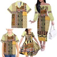 Yellow Aotearoa Kowhaiwhai Pattern Family Matching Off The Shoulder Long Sleeve Dress and Hawaiian Shirt NZ Maori Quilt Style