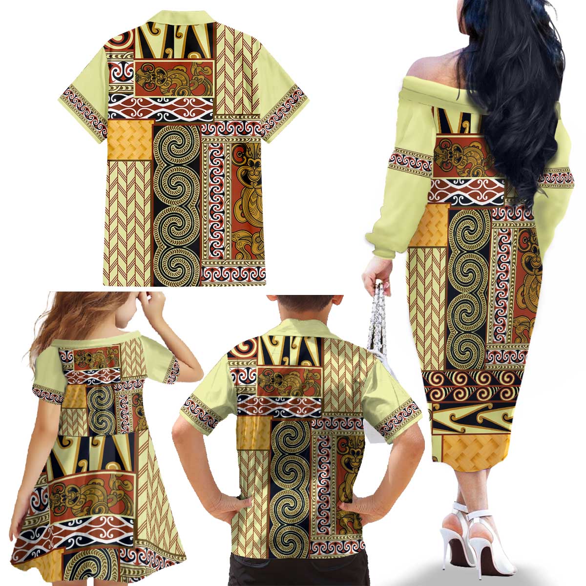Yellow Aotearoa Kowhaiwhai Pattern Family Matching Off The Shoulder Long Sleeve Dress and Hawaiian Shirt NZ Maori Quilt Style