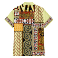 Yellow Aotearoa Kowhaiwhai Pattern Family Matching Off The Shoulder Long Sleeve Dress and Hawaiian Shirt NZ Maori Quilt Style
