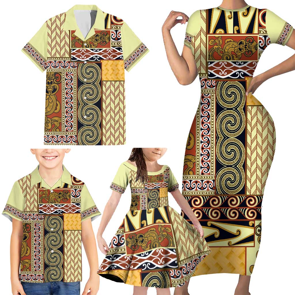 Yellow Aotearoa Kowhaiwhai Pattern Family Matching Short Sleeve Bodycon Dress and Hawaiian Shirt NZ Maori Quilt Style LT14 - Polynesian Pride