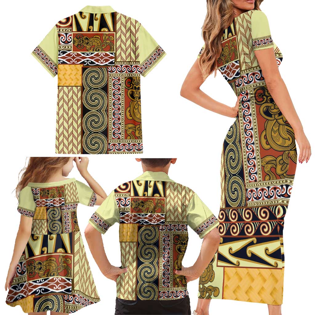 Yellow Aotearoa Kowhaiwhai Pattern Family Matching Short Sleeve Bodycon Dress and Hawaiian Shirt NZ Maori Quilt Style LT14 - Polynesian Pride