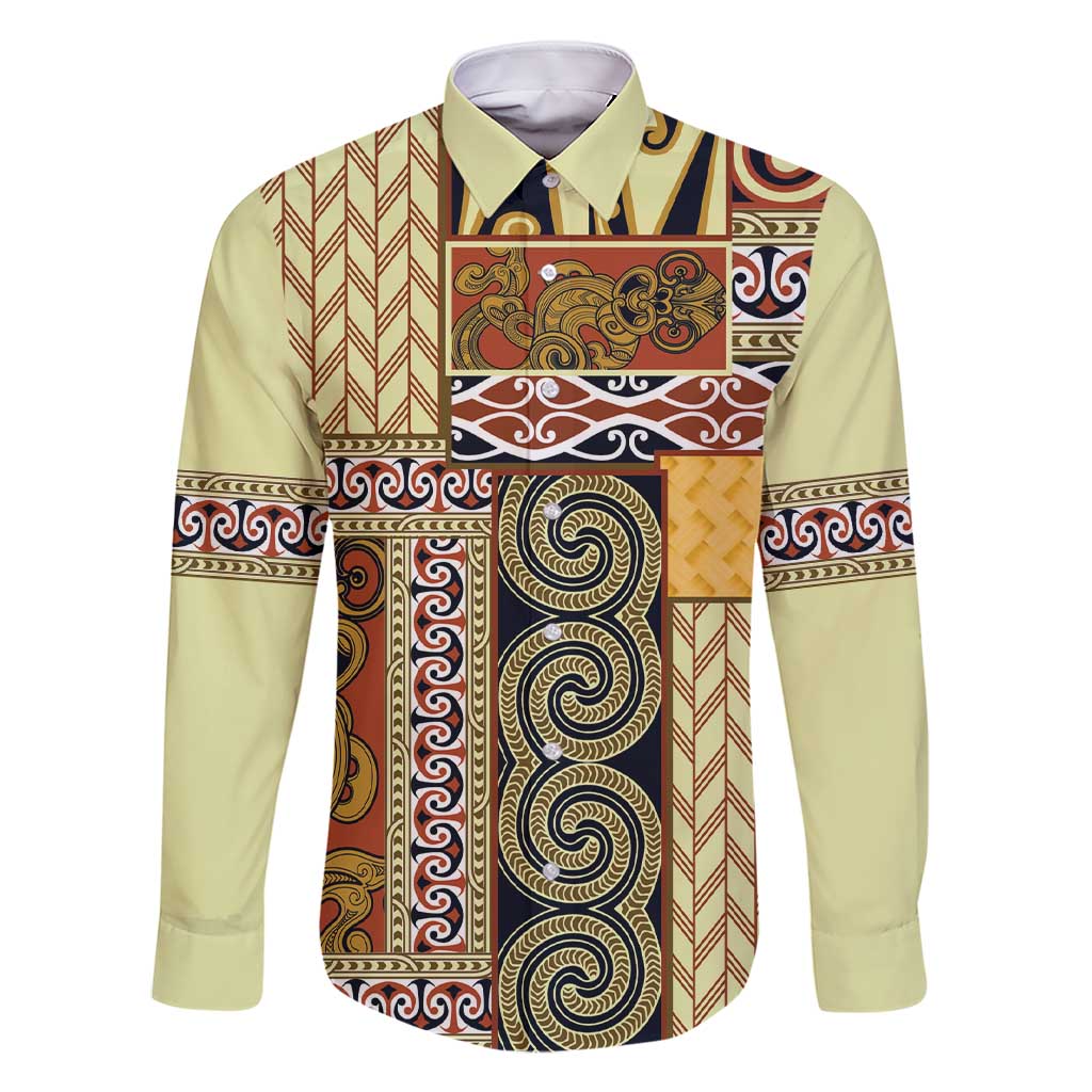 Yellow Aotearoa Kowhaiwhai Pattern Family Matching Short Sleeve Bodycon Dress and Hawaiian Shirt NZ Maori Quilt Style LT14 Dad's Shirt - Long Sleeve Yellow - Polynesian Pride