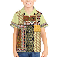 Yellow Aotearoa Kowhaiwhai Pattern Family Matching Short Sleeve Bodycon Dress and Hawaiian Shirt NZ Maori Quilt Style LT14 Son's Shirt Yellow - Polynesian Pride