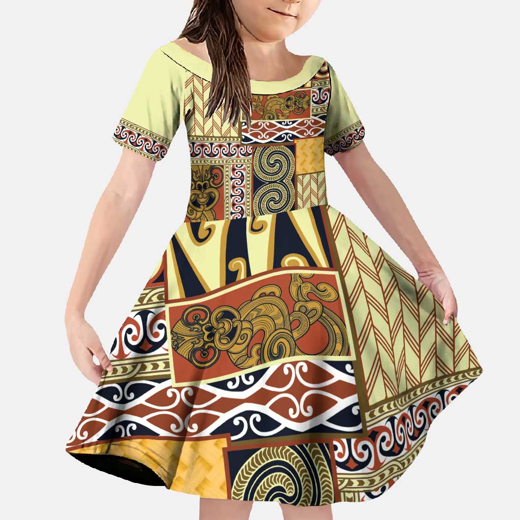 Yellow Aotearoa Kowhaiwhai Pattern Family Matching Tank Maxi Dress and Hawaiian Shirt NZ Maori Quilt Style