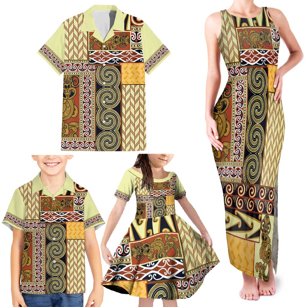 Yellow Aotearoa Kowhaiwhai Pattern Family Matching Tank Maxi Dress and Hawaiian Shirt NZ Maori Quilt Style