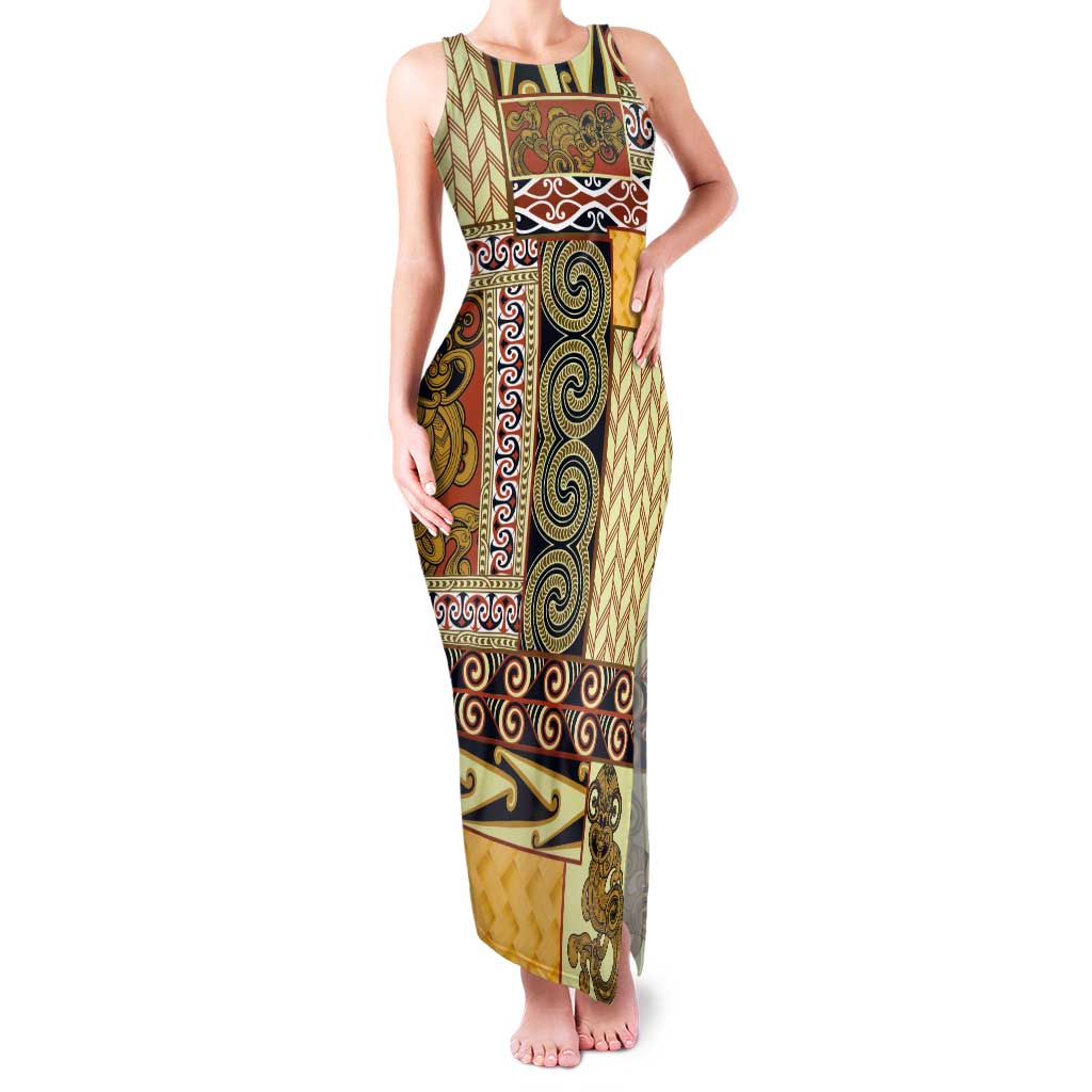Yellow Aotearoa Kowhaiwhai Pattern Family Matching Tank Maxi Dress and Hawaiian Shirt NZ Maori Quilt Style