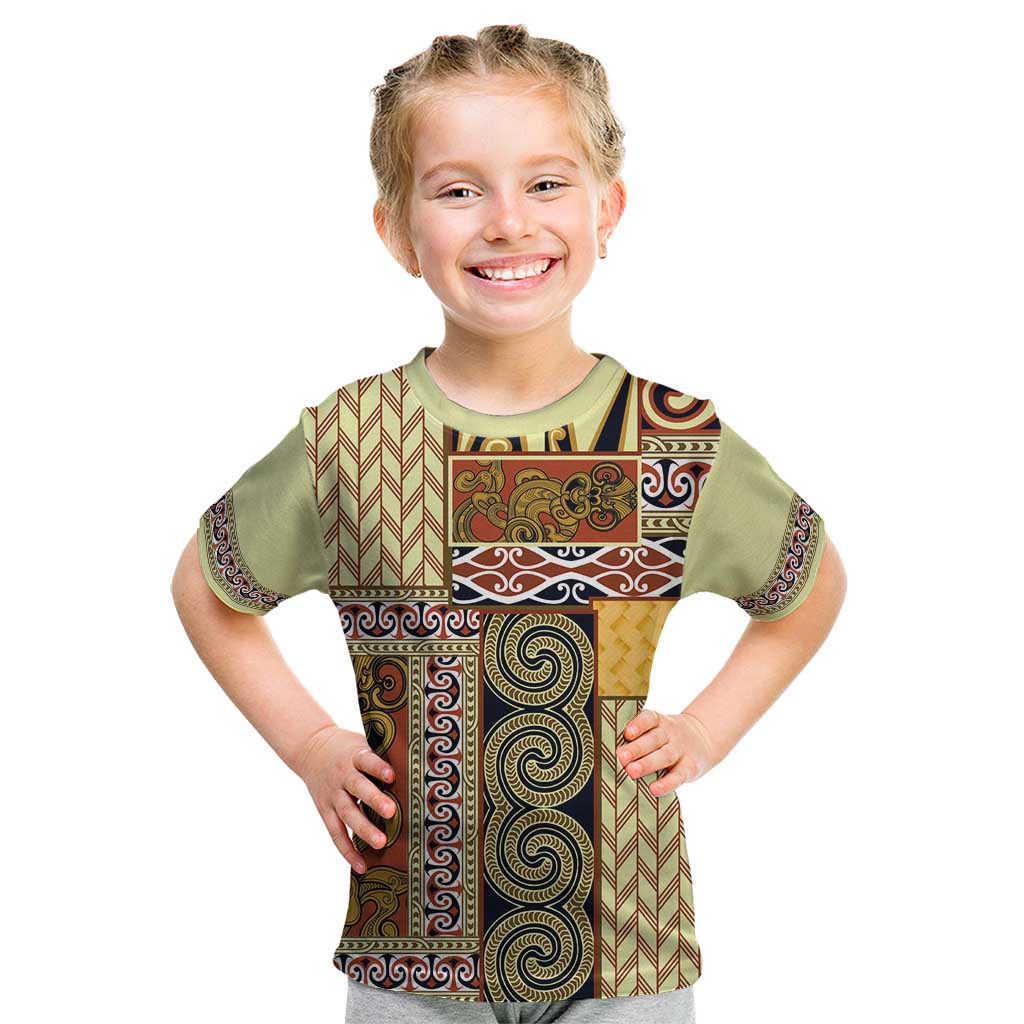 Yellow Aotearoa Kowhaiwhai Pattern Kid T Shirt NZ Maori Quilt Style