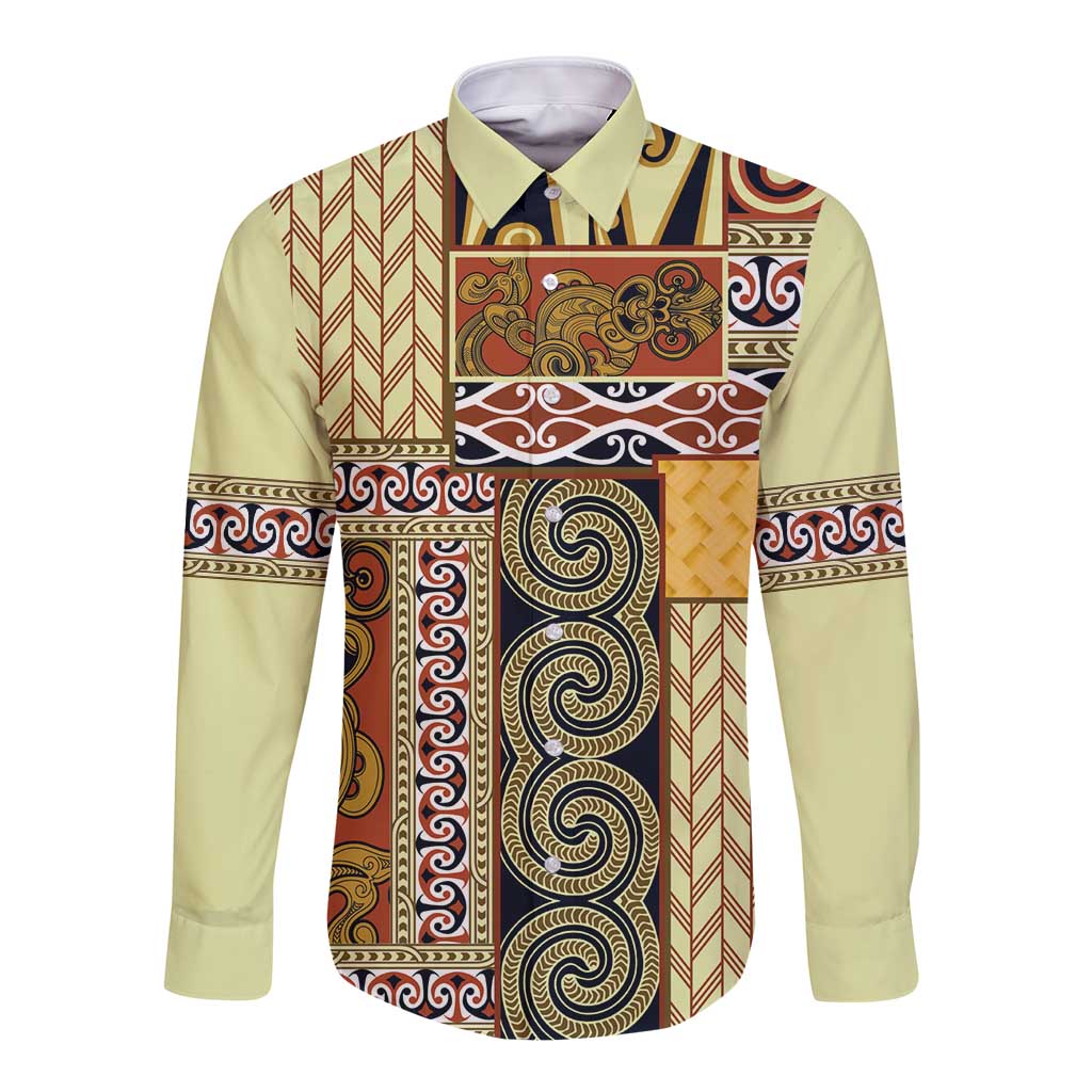 Yellow Aotearoa Kowhaiwhai Pattern Long Sleeve Button Shirt NZ Maori Quilt Style