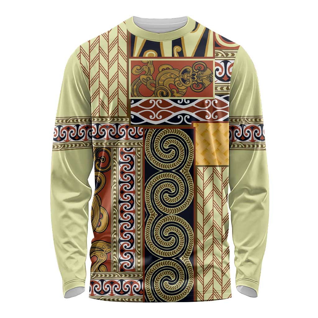 Yellow Aotearoa Kowhaiwhai Pattern Long Sleeve Shirt NZ Maori Quilt Style