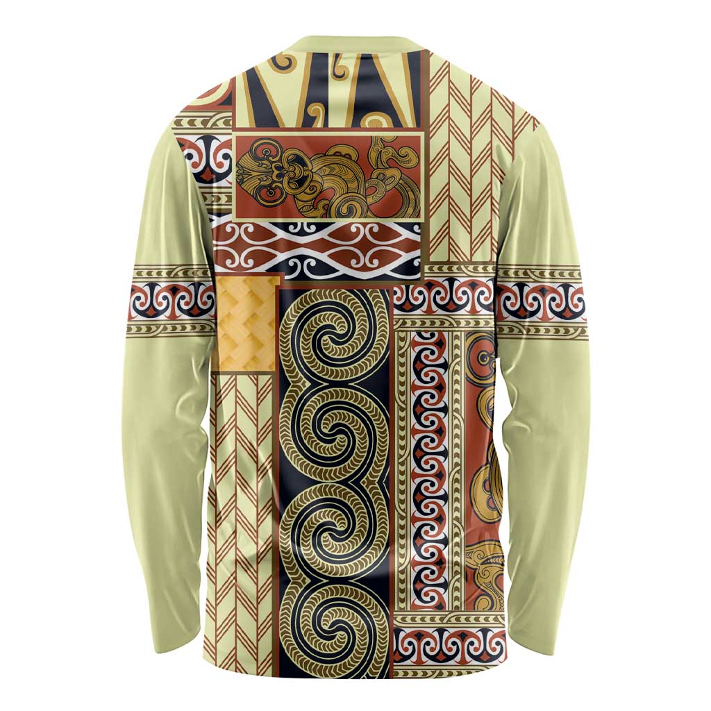 Yellow Aotearoa Kowhaiwhai Pattern Long Sleeve Shirt NZ Maori Quilt Style
