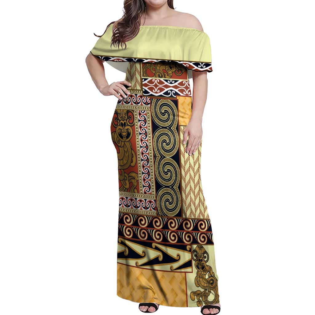 Yellow Aotearoa Kowhaiwhai Pattern Off Shoulder Maxi Dress NZ Maori Quilt Style