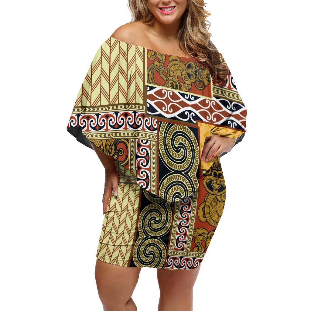 Yellow Aotearoa Kowhaiwhai Pattern Off Shoulder Short Dress NZ Maori Quilt Style