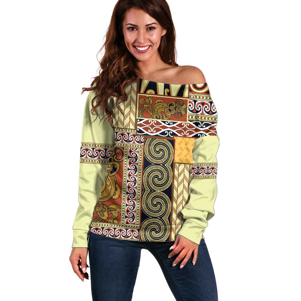 Yellow Aotearoa Kowhaiwhai Pattern Off Shoulder Sweater NZ Maori Quilt Style