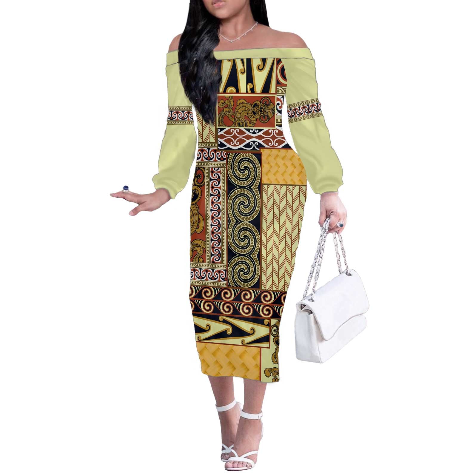 Yellow Aotearoa Kowhaiwhai Pattern Off The Shoulder Long Sleeve Dress NZ Maori Quilt Style