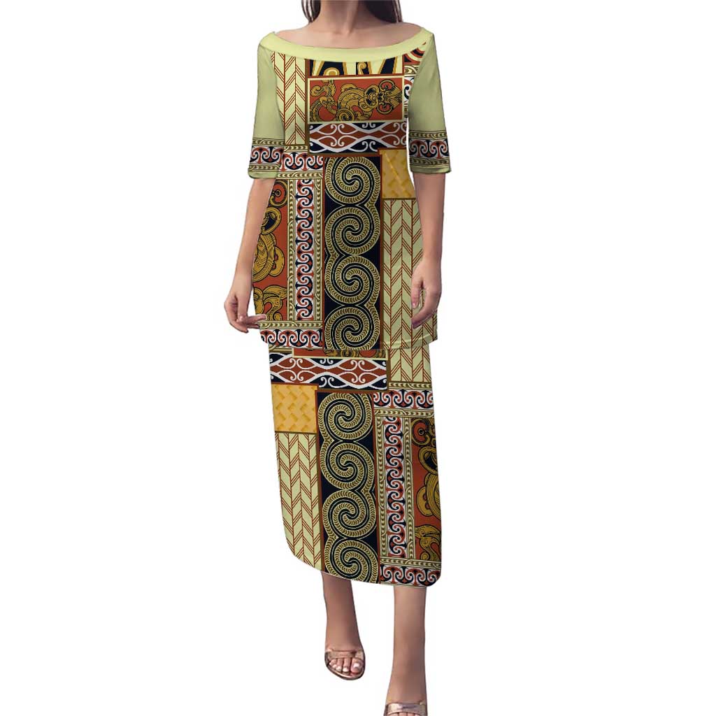 Yellow Aotearoa Kowhaiwhai Pattern Puletasi NZ Maori Quilt Style LT14 Long Dress Yellow - Polynesian Pride