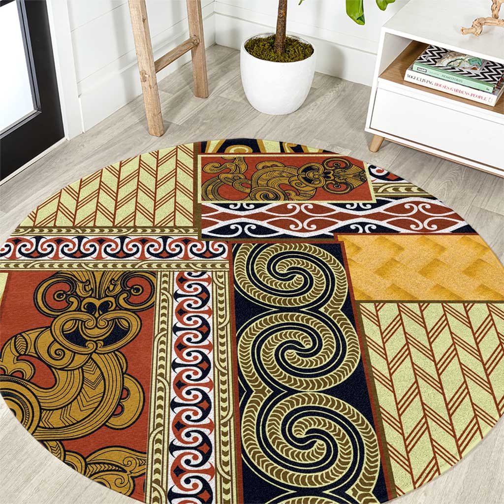 Yellow Aotearoa Kowhaiwhai Pattern Round Carpet NZ Maori Quilt Style