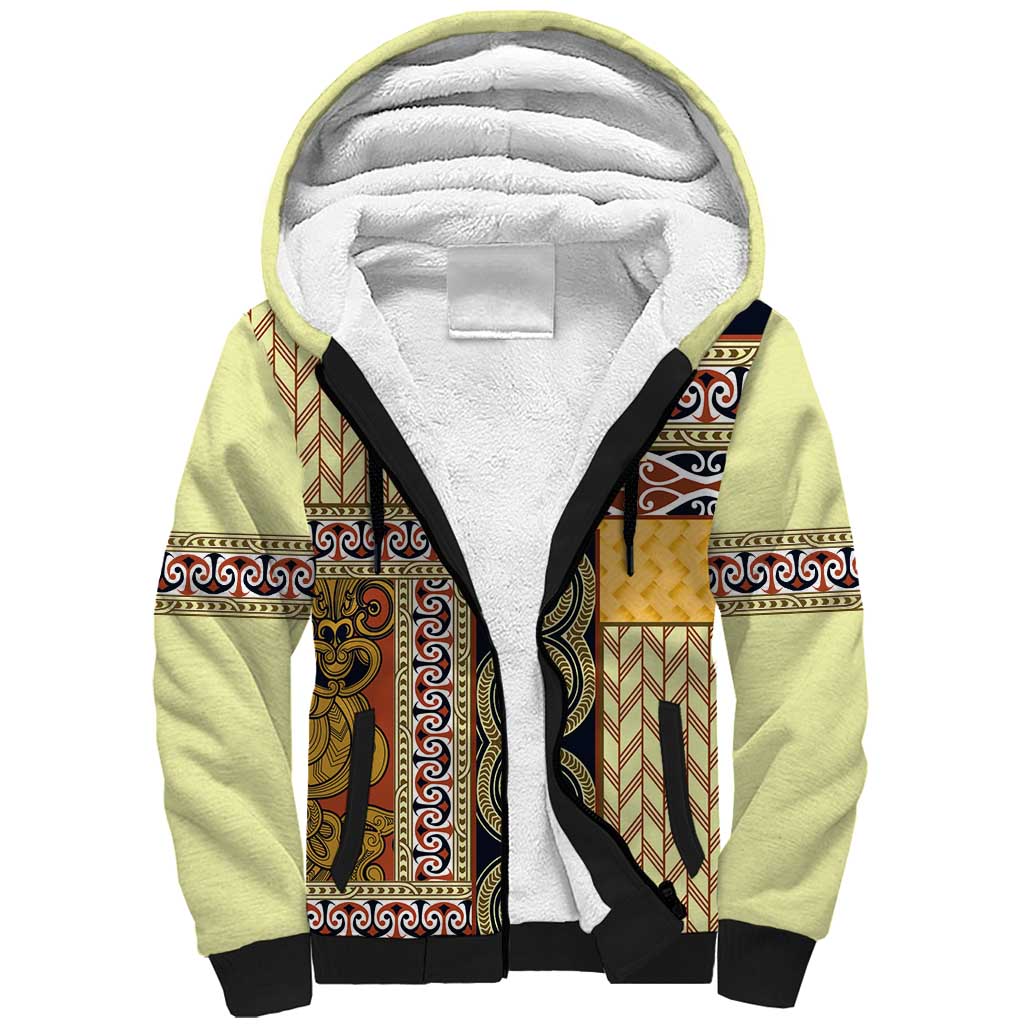 Yellow Aotearoa Kowhaiwhai Pattern Sherpa Hoodie NZ Maori Quilt Style