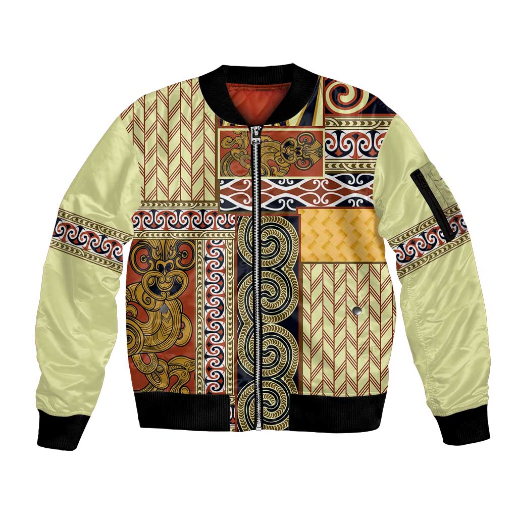 Yellow Aotearoa Kowhaiwhai Pattern Sleeve Zip Bomber Jacket NZ Maori Quilt Style