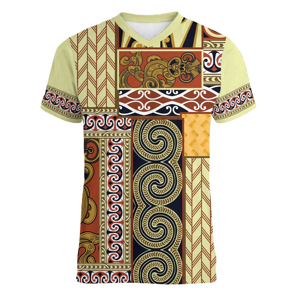 Yellow Aotearoa Kowhaiwhai Pattern Women V-Neck T-Shirt NZ Maori Quilt Style