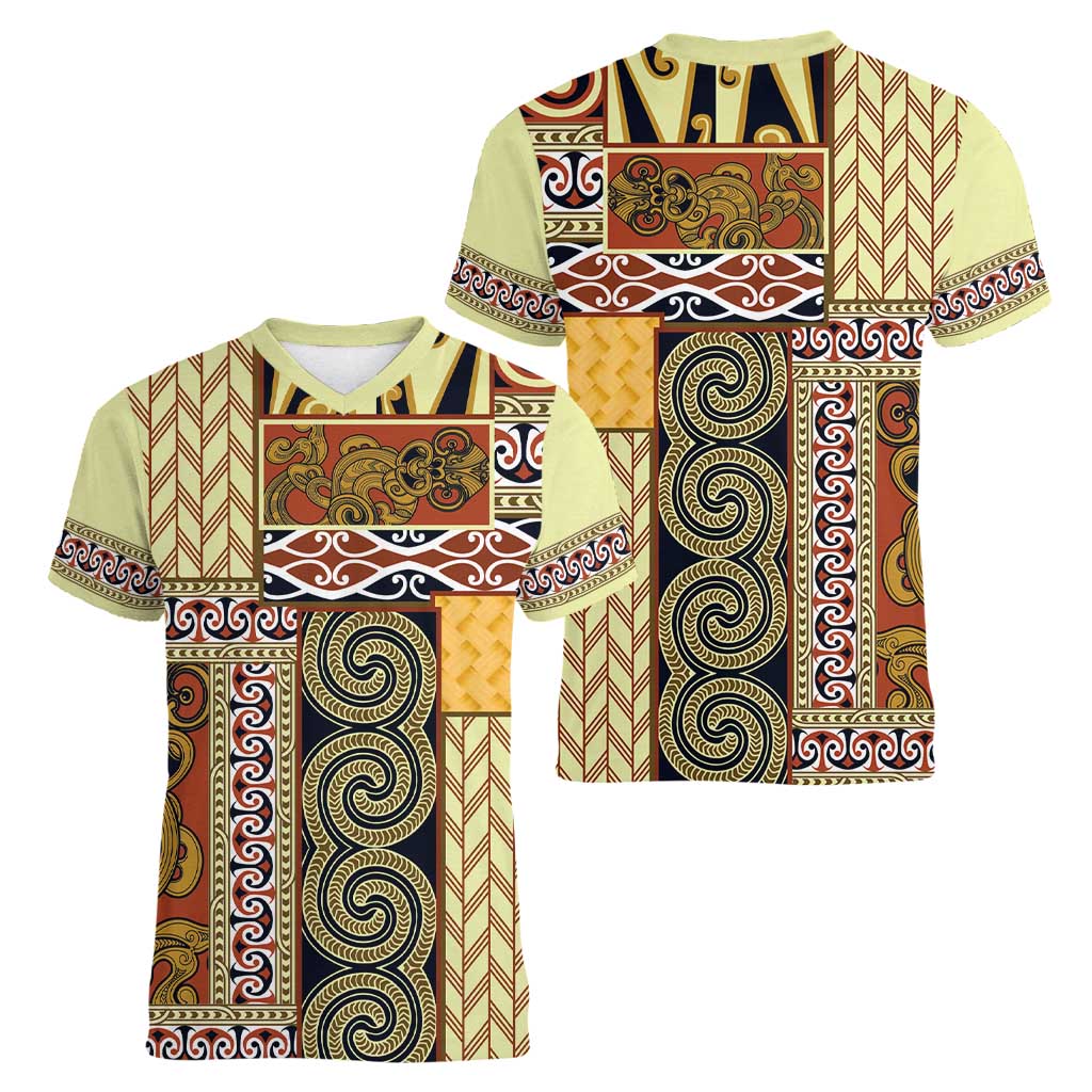 Yellow Aotearoa Kowhaiwhai Pattern Women V-Neck T-Shirt NZ Maori Quilt Style