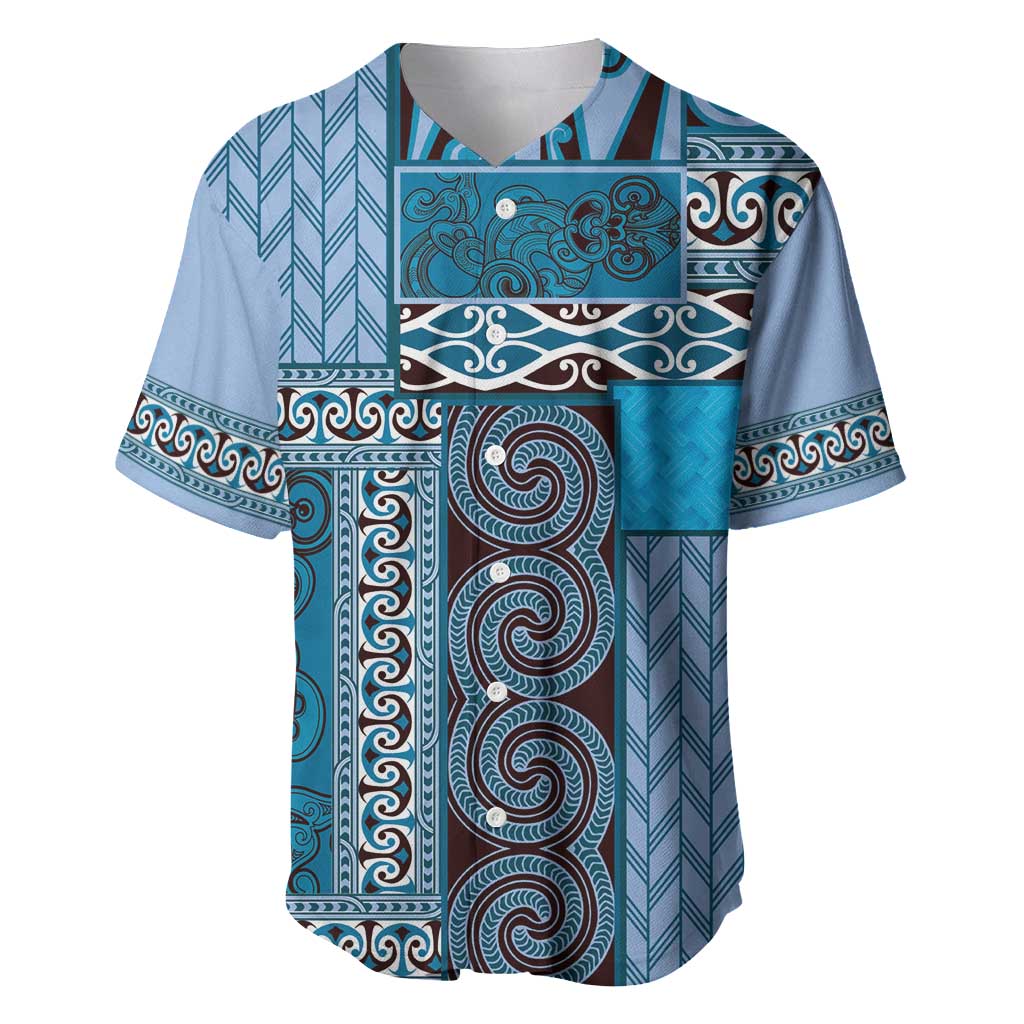 Blue Aotearoa Kowhaiwhai Pattern Baseball Jersey NZ Maori Quilt Style