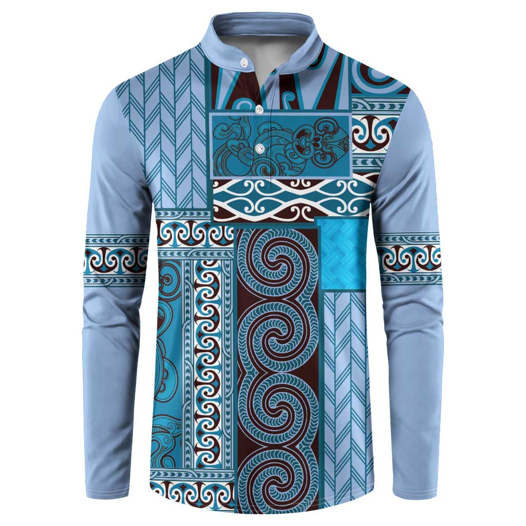 Blue Aotearoa Kowhaiwhai Pattern Button Sweatshirt NZ Maori Quilt Style