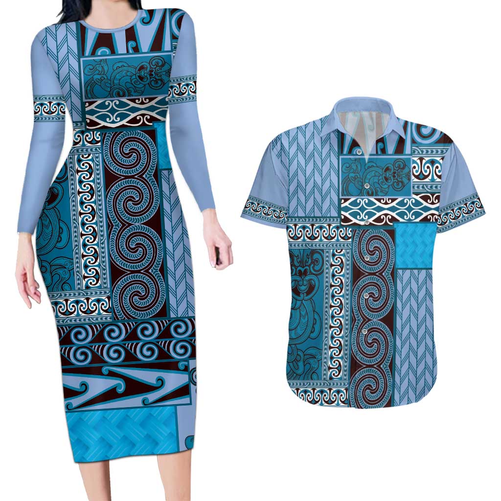 Blue Aotearoa Kowhaiwhai Pattern Couples Matching Long Sleeve Bodycon Dress and Hawaiian Shirt NZ Maori Quilt Style