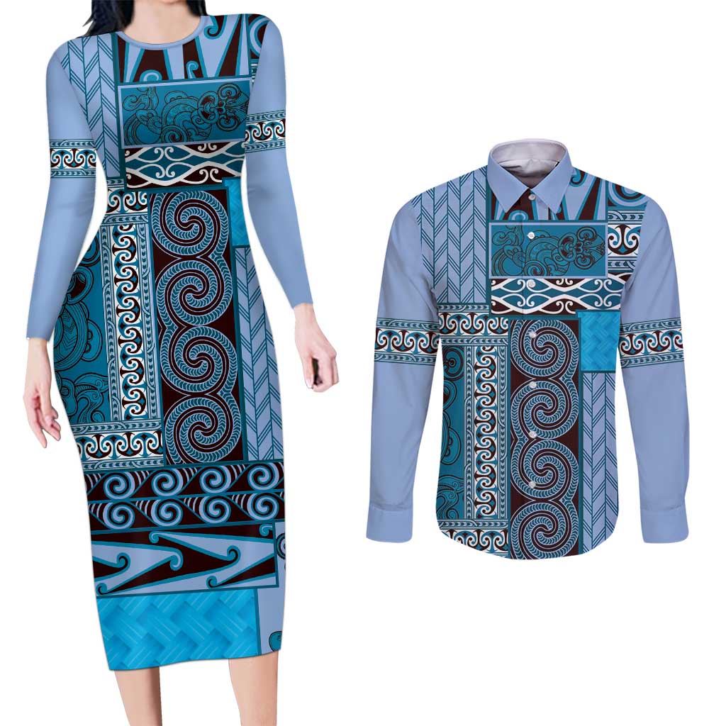 Blue Aotearoa Kowhaiwhai Pattern Couples Matching Long Sleeve Bodycon Dress and Long Sleeve Button Shirt NZ Maori Quilt Style