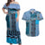 Blue Aotearoa Kowhaiwhai Pattern Couples Matching Off Shoulder Maxi Dress and Hawaiian Shirt NZ Maori Quilt Style