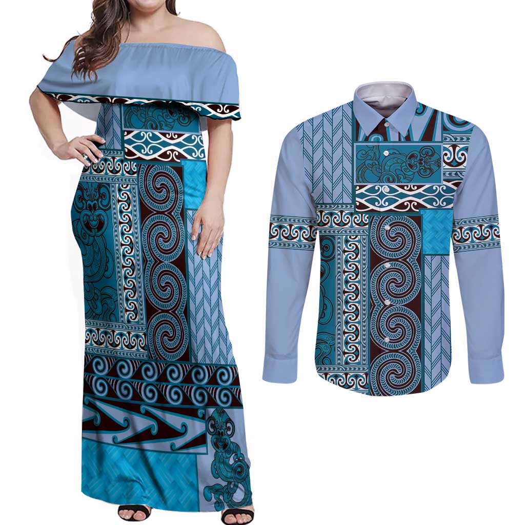 Blue Aotearoa Kowhaiwhai Pattern Couples Matching Off Shoulder Maxi Dress and Long Sleeve Button Shirt NZ Maori Quilt Style