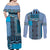 Blue Aotearoa Kowhaiwhai Pattern Couples Matching Off Shoulder Maxi Dress and Long Sleeve Button Shirt NZ Maori Quilt Style