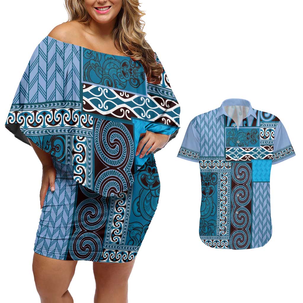 Blue Aotearoa Kowhaiwhai Pattern Couples Matching Off Shoulder Short Dress and Hawaiian Shirt NZ Maori Quilt Style