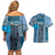 Blue Aotearoa Kowhaiwhai Pattern Couples Matching Off Shoulder Short Dress and Hawaiian Shirt NZ Maori Quilt Style