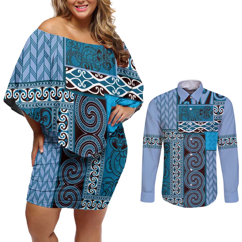 Blue Aotearoa Kowhaiwhai Pattern Couples Matching Off Shoulder Short Dress and Long Sleeve Button Shirt NZ Maori Quilt Style