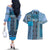 Blue Aotearoa Kowhaiwhai Pattern Couples Matching Off The Shoulder Long Sleeve Dress and Hawaiian Shirt NZ Maori Quilt Style