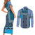 Blue Aotearoa Kowhaiwhai Pattern Couples Matching Short Sleeve Bodycon Dress and Long Sleeve Button Shirt NZ Maori Quilt Style