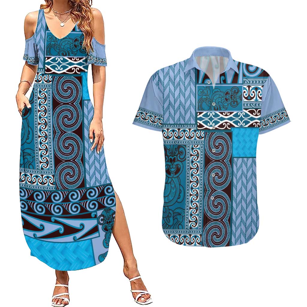 Blue Aotearoa Kowhaiwhai Pattern Couples Matching Summer Maxi Dress and Hawaiian Shirt NZ Maori Quilt Style