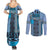 Blue Aotearoa Kowhaiwhai Pattern Couples Matching Summer Maxi Dress and Long Sleeve Button Shirt NZ Maori Quilt Style