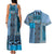 Blue Aotearoa Kowhaiwhai Pattern Couples Matching Tank Maxi Dress and Hawaiian Shirt NZ Maori Quilt Style