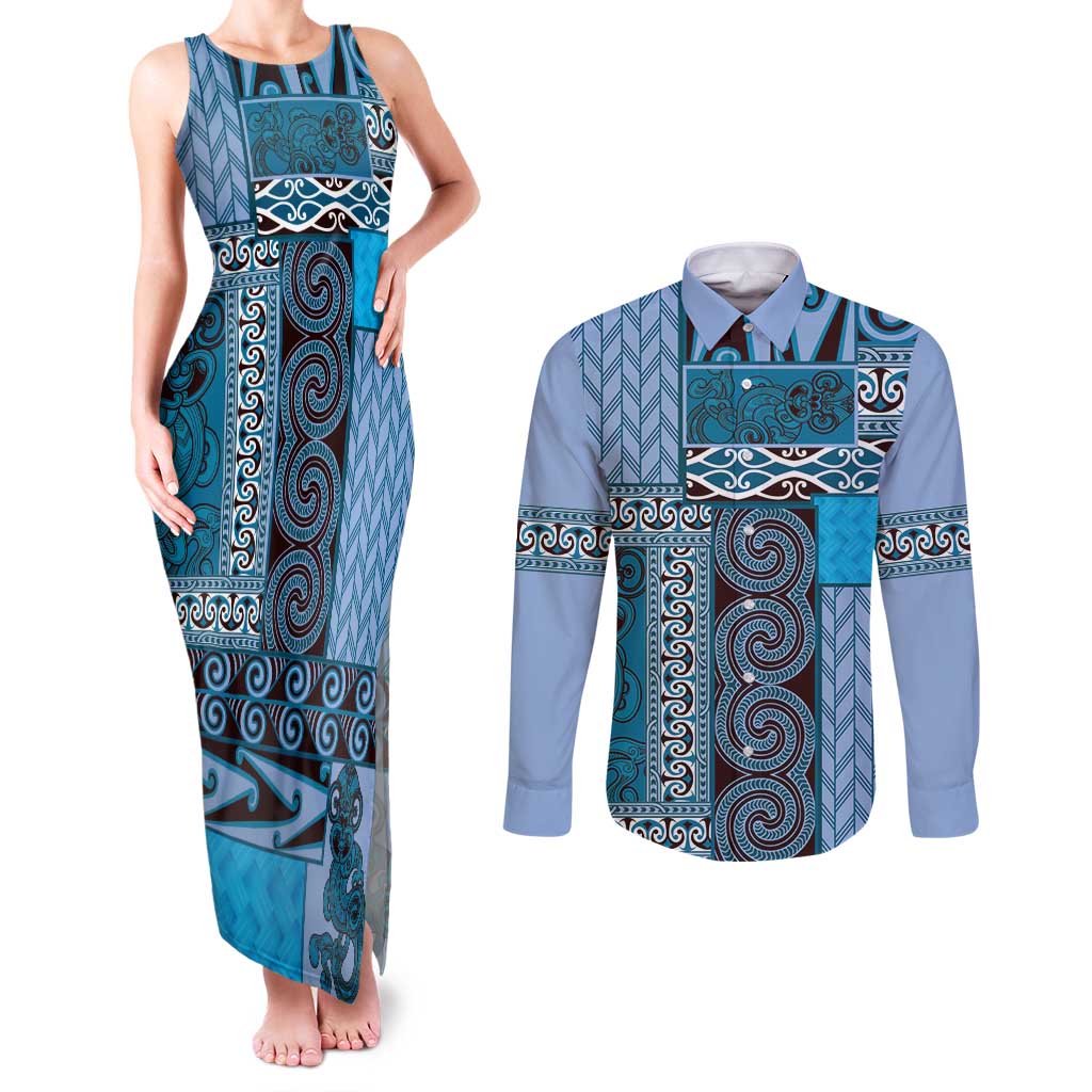 Blue Aotearoa Kowhaiwhai Pattern Couples Matching Tank Maxi Dress and Long Sleeve Button Shirt NZ Maori Quilt Style