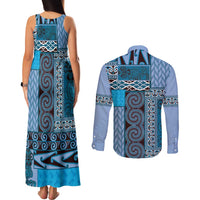 Blue Aotearoa Kowhaiwhai Pattern Couples Matching Tank Maxi Dress and Long Sleeve Button Shirt NZ Maori Quilt Style